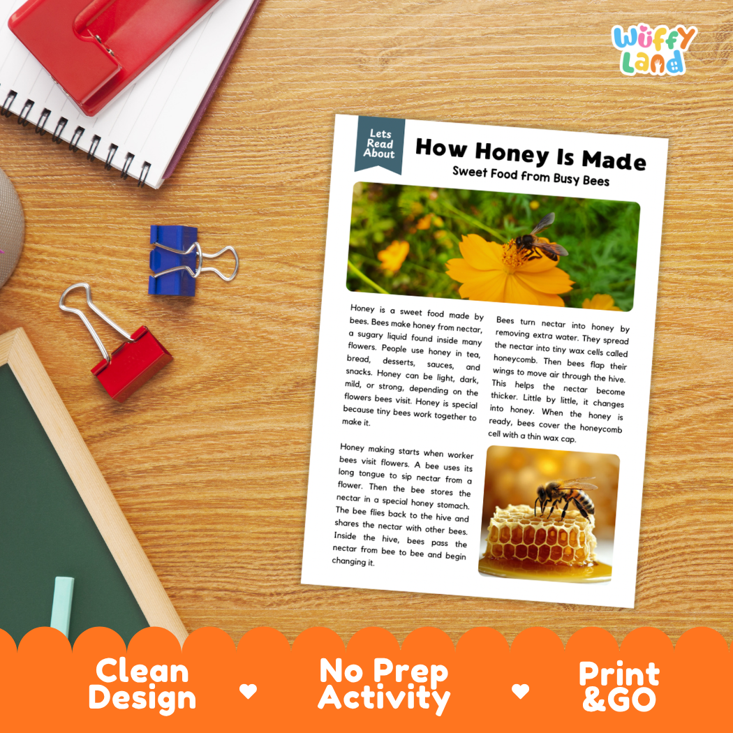 Student reading comprehension worksheet with short-answer questions and lined sections about how bees make honey