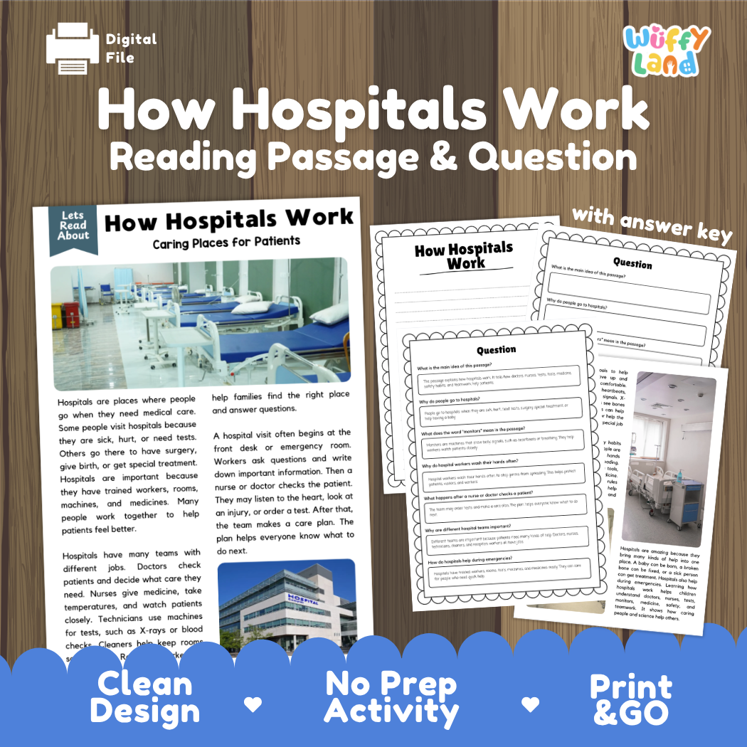 How Hospitals Work reading comprehension passage and questions printable activity pack with answer key for elementary students