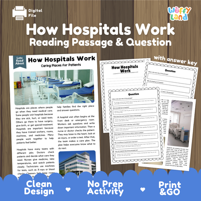 How Hospitals Work reading comprehension passage and questions printable activity pack with answer key for elementary students