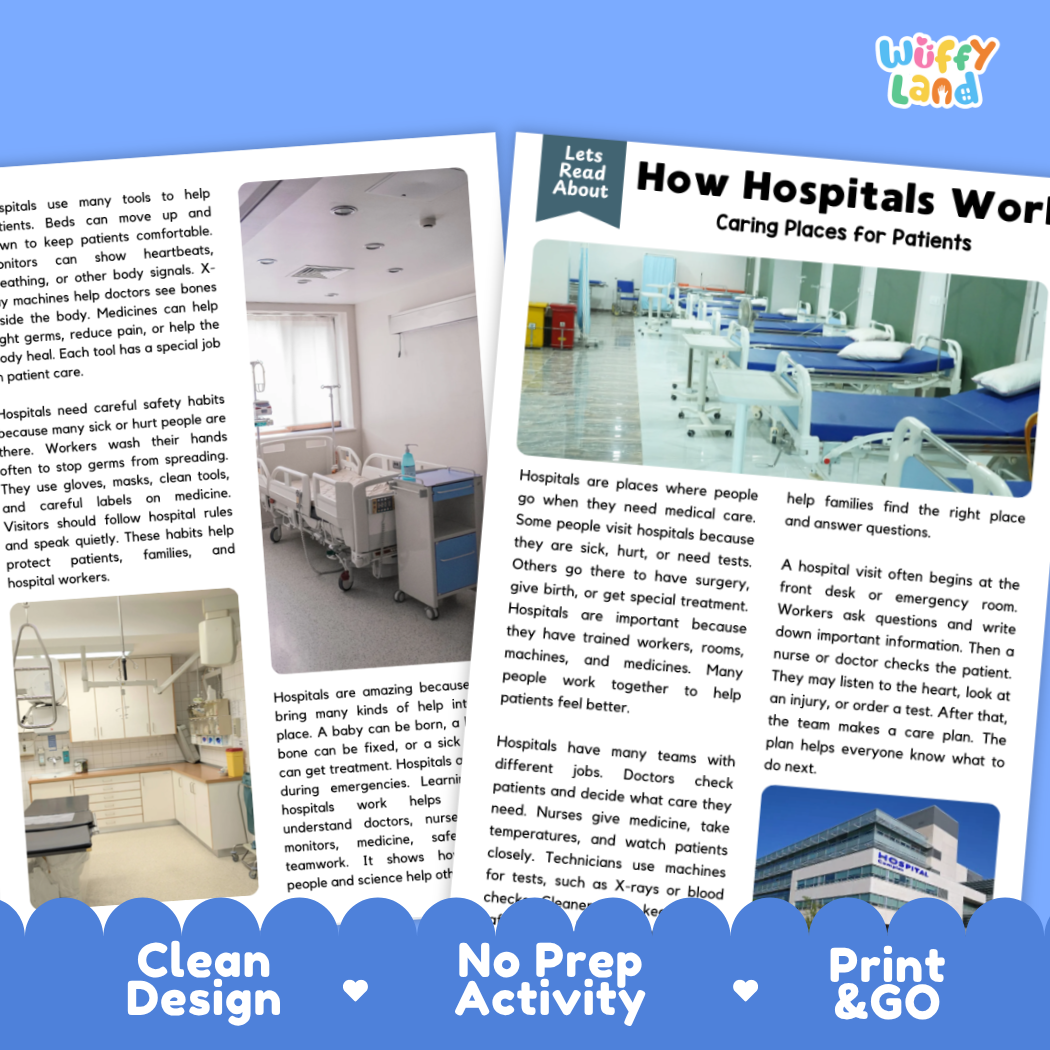 Teacher answer key page showing complete question solutions for hospital healthcare and community helpers reading comprehension practice