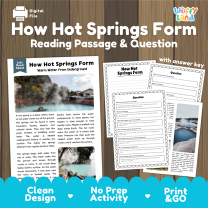 How Hot Springs Form reading comprehension passage and questions activity pack with full answer key for students