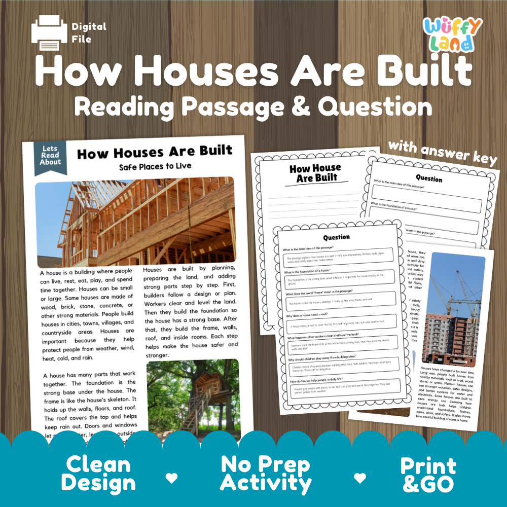 How houses are built reading comprehension passage and questions printable activity pack with answer key for elementary students