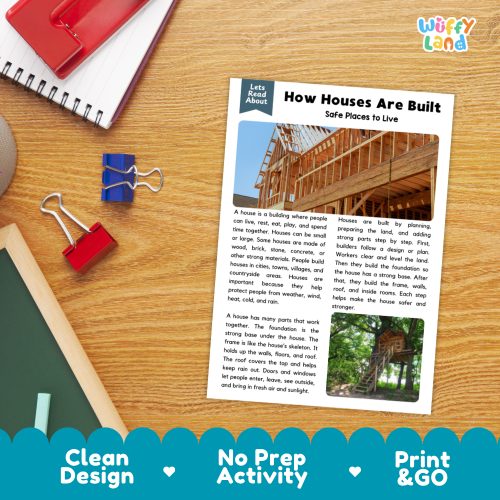 Student reading comprehension worksheet with short-answer questions and lined sections about house construction