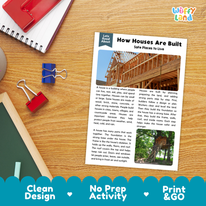 Student reading comprehension worksheet with short-answer questions and lined sections about house construction