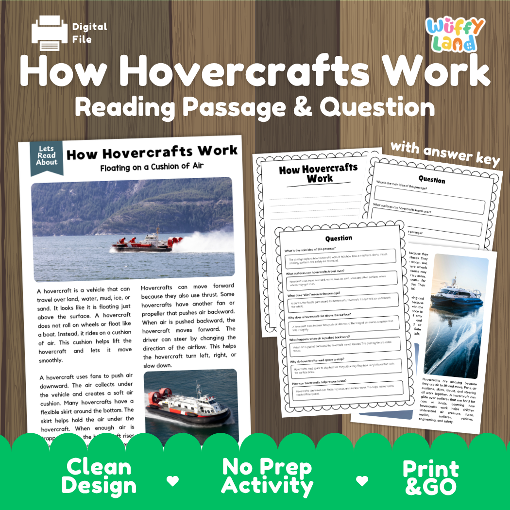 How hovercrafts work reading comprehension passage and questions printable activity pack with answer key for elementary students