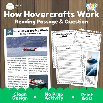 How hovercrafts work reading comprehension passage and questions printable activity pack with answer key for elementary students