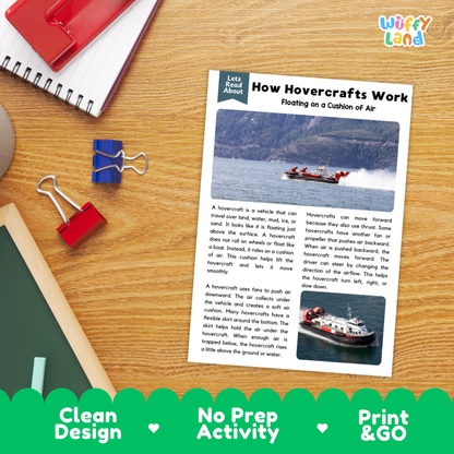 Student reading comprehension worksheet with short-answer questions and lined sections about how hovercrafts work