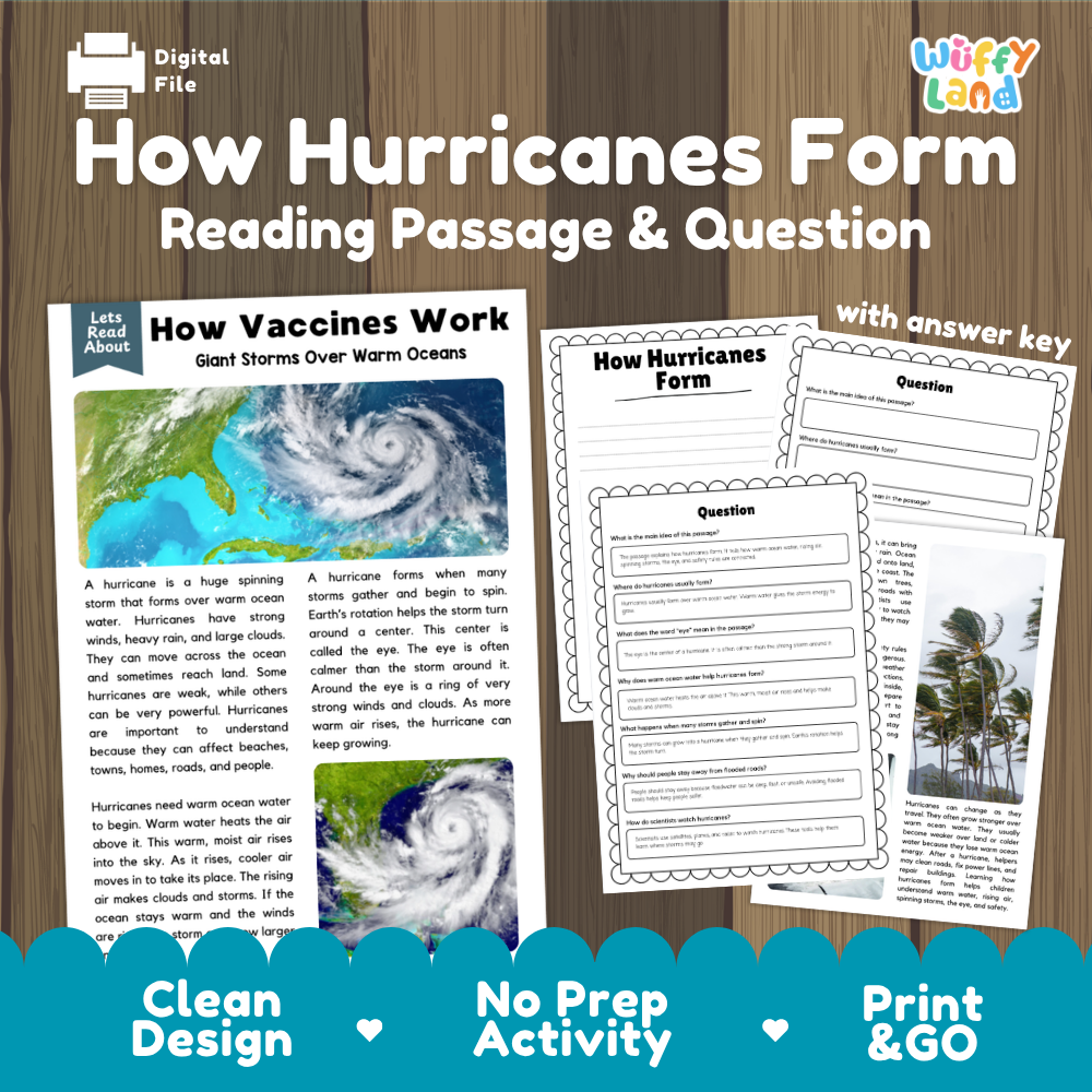 How hurricanes form reading comprehension passage and questions printable activity pack with answer key for elementary students