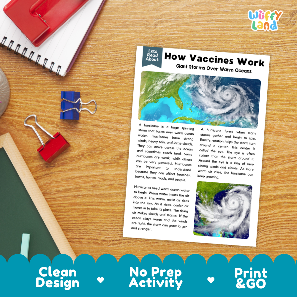 Student reading comprehension worksheet with short-answer questions and lined sections about how hurricanes form