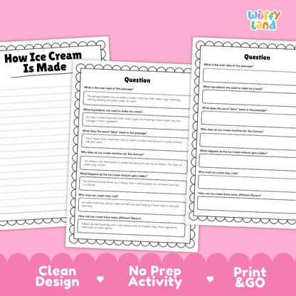 Informational reading passage page detailing dairy ingredients churning freezing and food science behind ice cream with photos