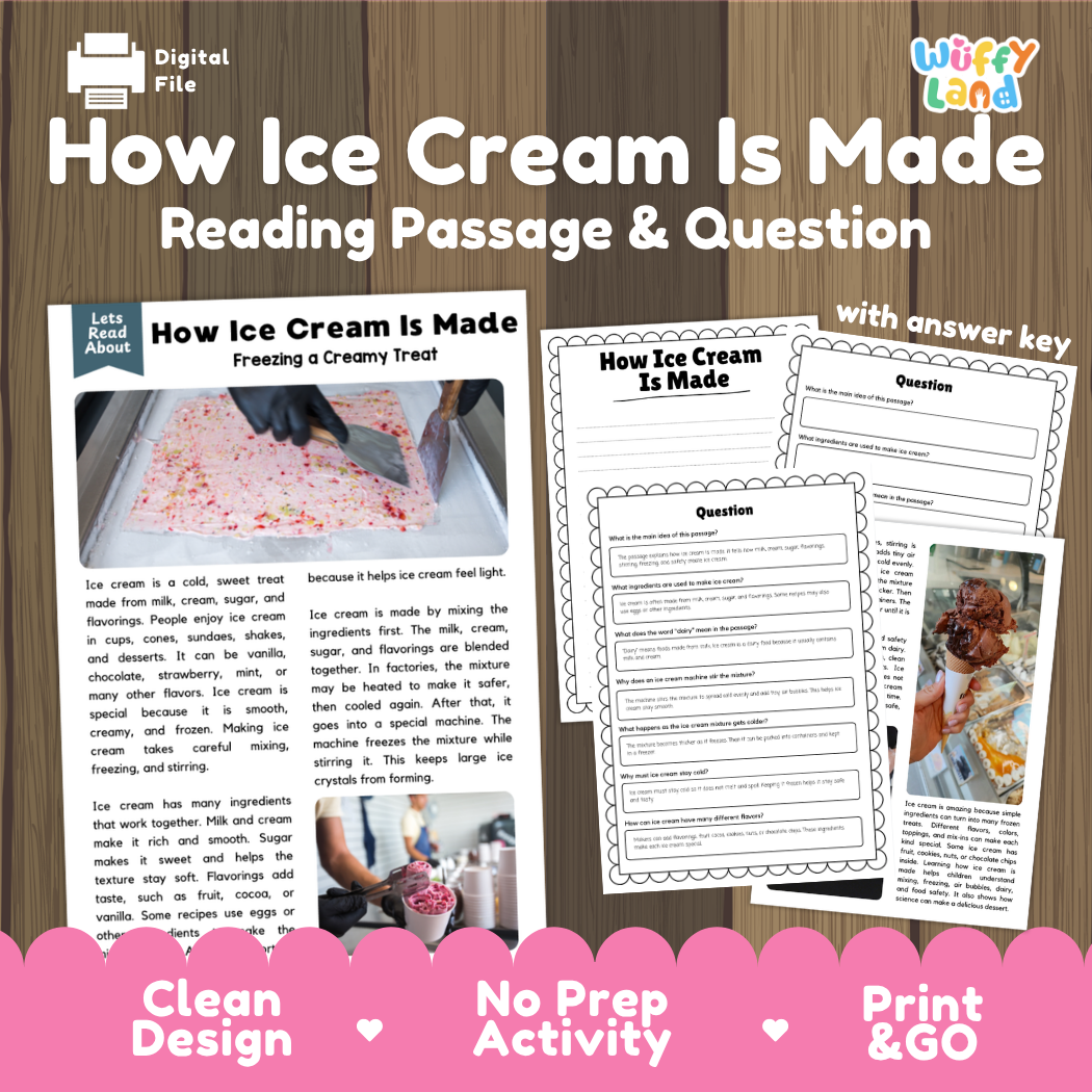 How Ice Cream Is Made reading comprehension passage and questions printable activity pack with answer key for elementary students