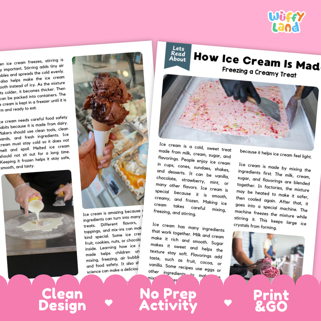 Teacher answer key page showing complete question solutions for ice cream making food science reading comprehension practice