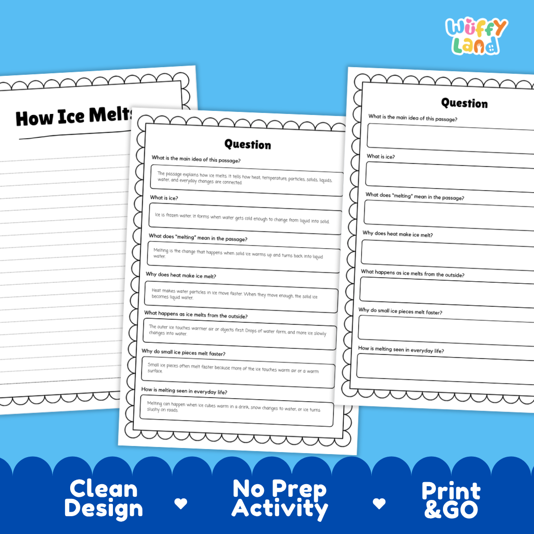 Educational reading passage explaining thermal energy, particle movement, and how frozen water melts into liquid