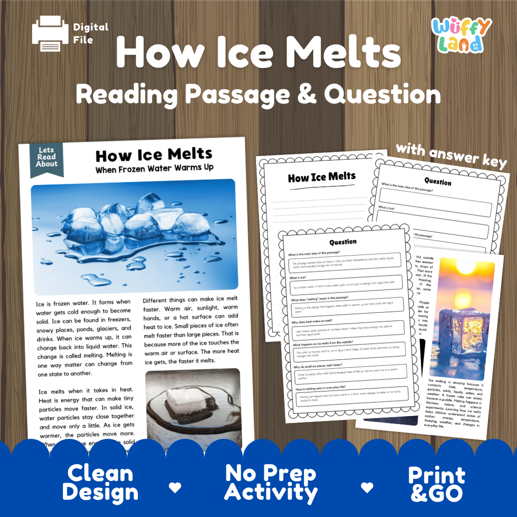 How Ice Melts reading comprehension passage and questions activity pack with full answer key for students