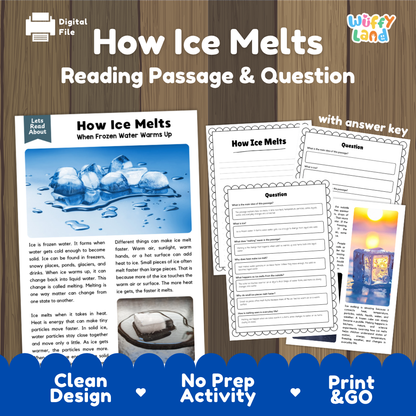 How Ice Melts reading comprehension passage and questions activity pack with full answer key for students