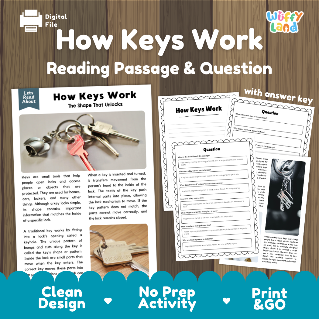 How Keys Work reading comprehension passage and questions activity pack with full answer key for students