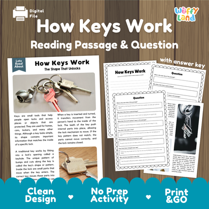 How Keys Work reading comprehension passage and questions activity pack with full answer key for students