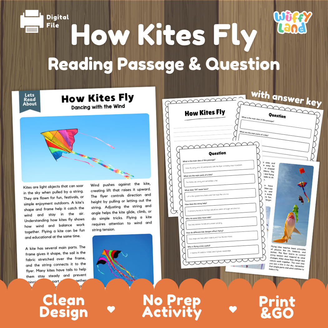 How Kites Fly reading comprehension passage and questions activity pack with full answer key for students