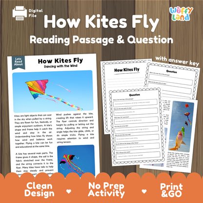 How Kites Fly reading comprehension passage and questions activity pack with full answer key for students