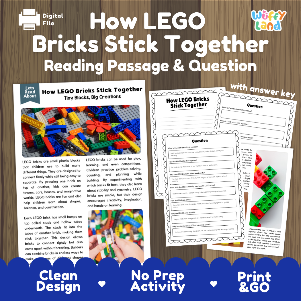 How LEGO Bricks Stick Together reading comprehension passage and questions activity pack with full answer key for students