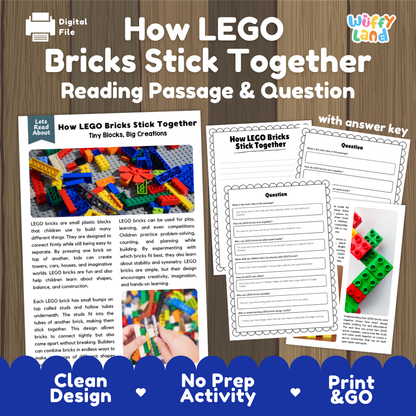 How LEGO Bricks Stick Together reading comprehension passage and questions activity pack with full answer key for students