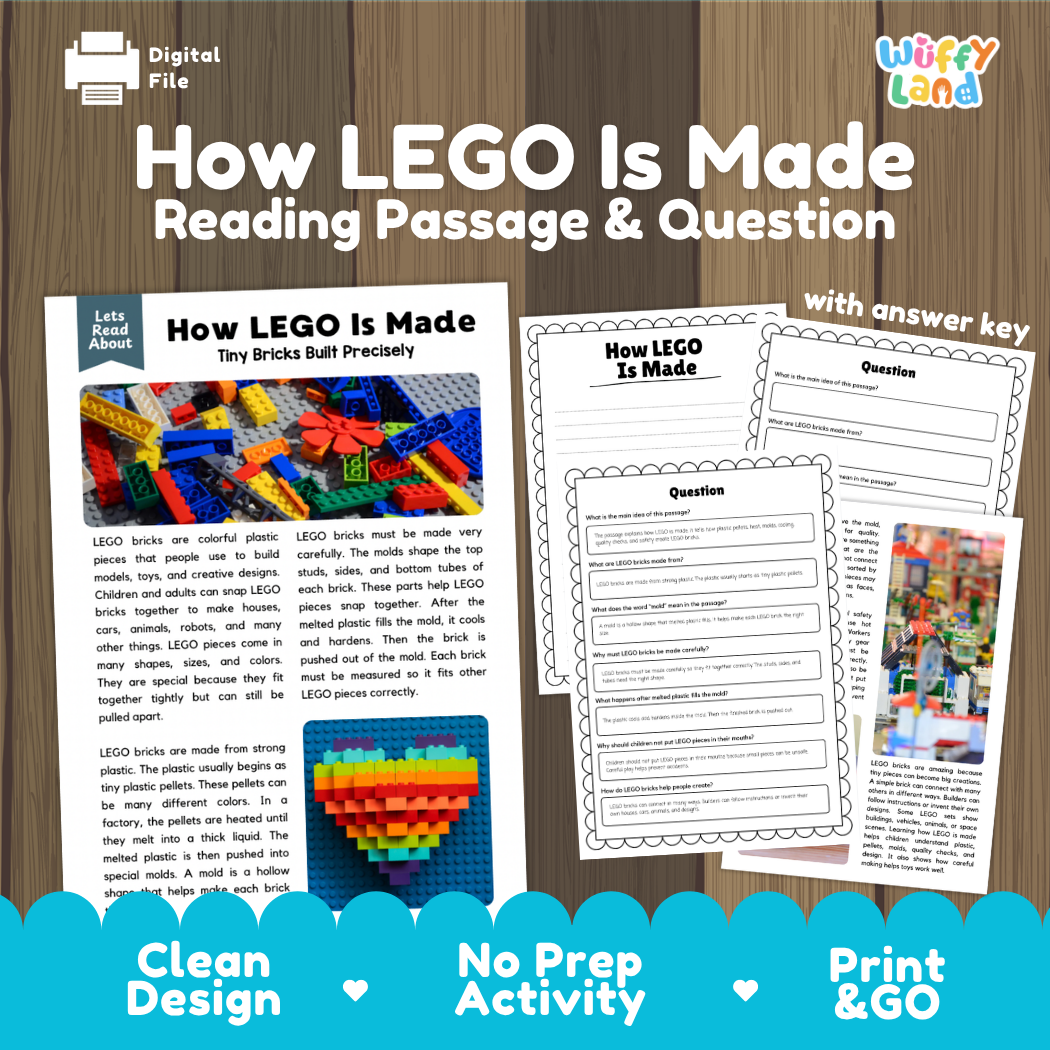 How LEGO Is Made reading comprehension passage and questions printable activity pack with answer key for elementary students