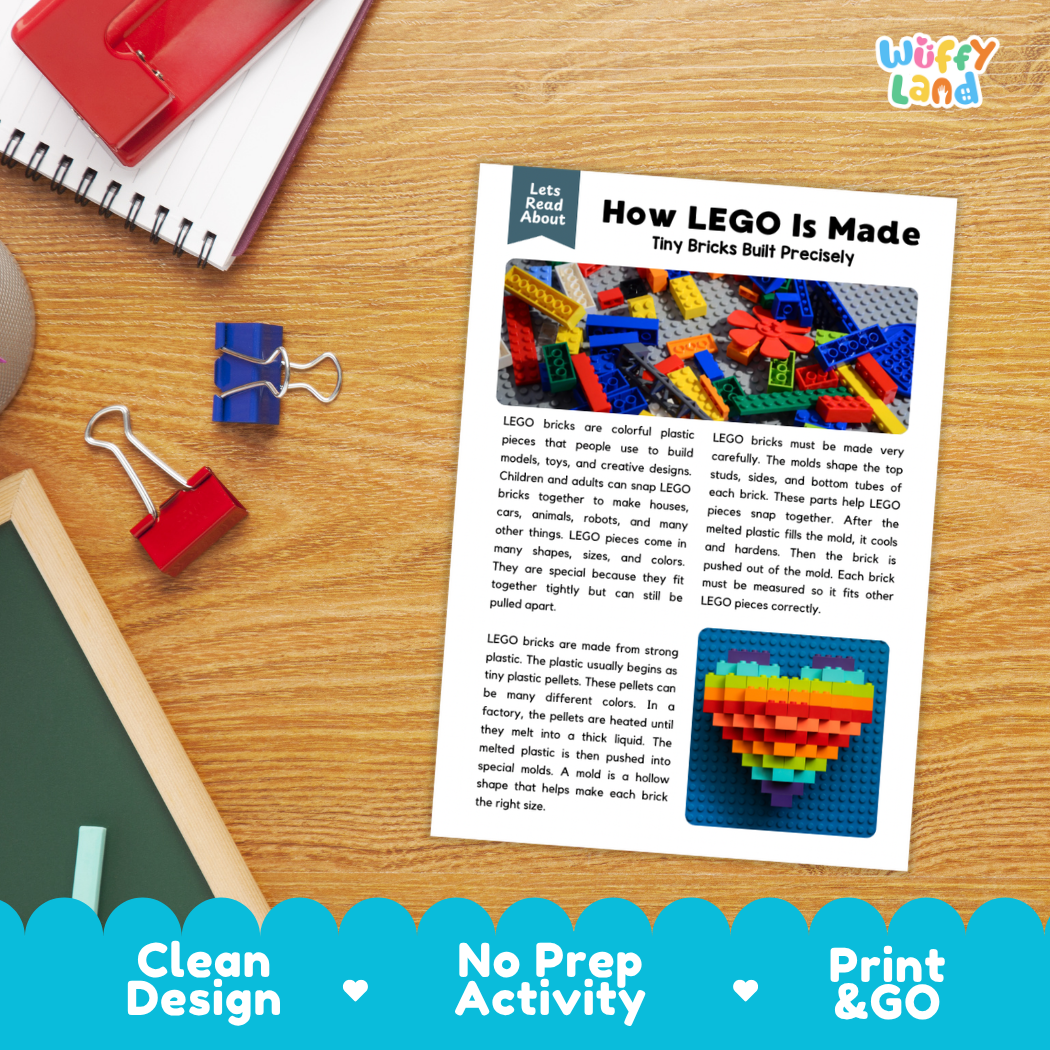 Student reading comprehension worksheet with short-answer questions and lined sections about how LEGO bricks are made