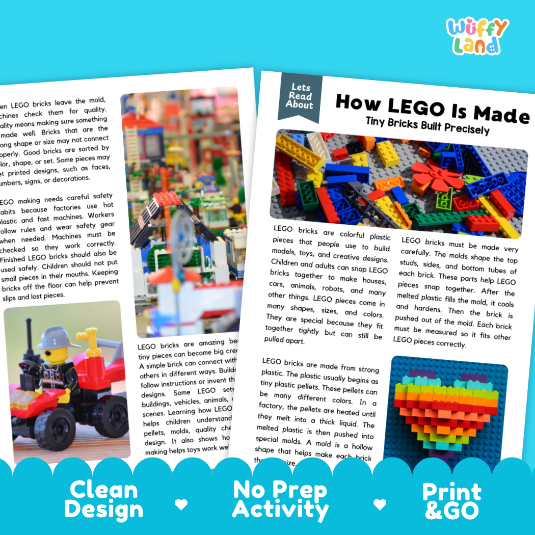 Teacher answer key page showing complete question solutions for LEGO manufacturing engineering reading comprehension practice