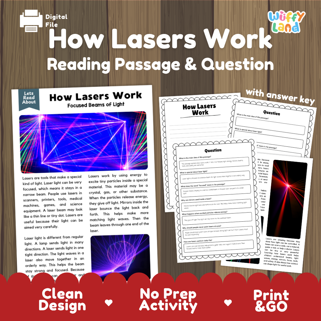 How lasers work reading comprehension passage and questions printable activity pack with answer key for elementary students