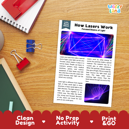 Student reading comprehension worksheet with short-answer questions and lined sections about how lasers work