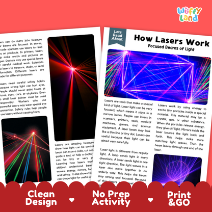 Teacher answer key page showing complete question solutions for How Lasers Work physical science reading comprehension practice