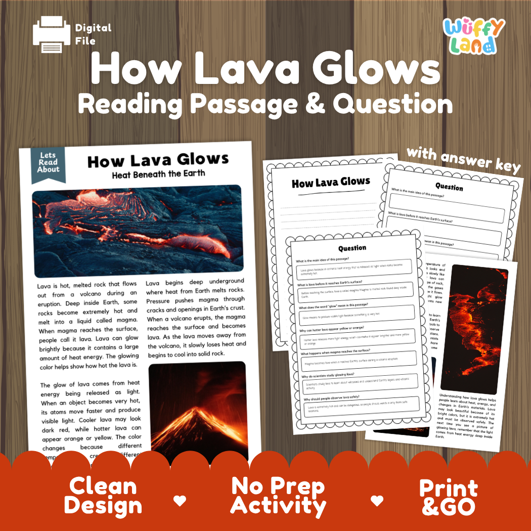 How Lava Glows reading comprehension passage and questions activity pack with full answer key for students