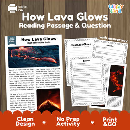 How Lava Glows reading comprehension passage and questions activity pack with full answer key for students