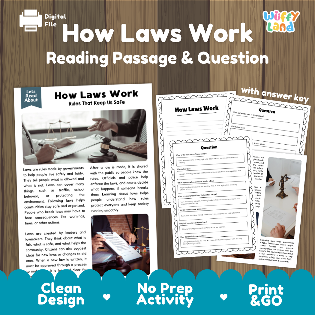 How Laws Work reading comprehension passage and questions activity pack with full answer key for students