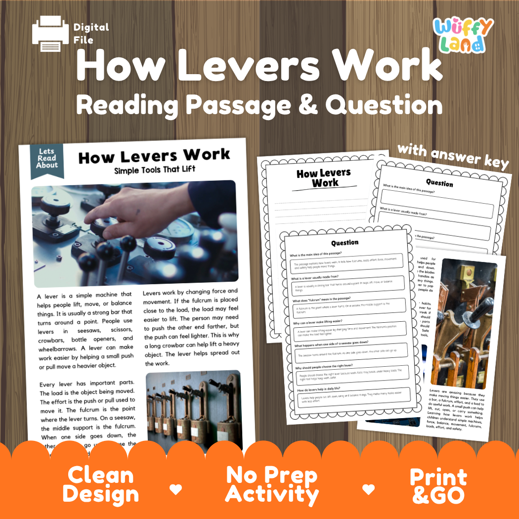 How levers work reading comprehension passage and questions printable activity pack with answer key for elementary students