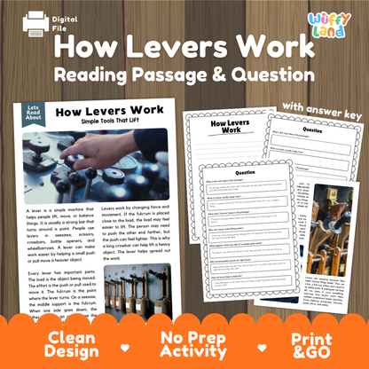 How levers work reading comprehension passage and questions printable activity pack with answer key for elementary students