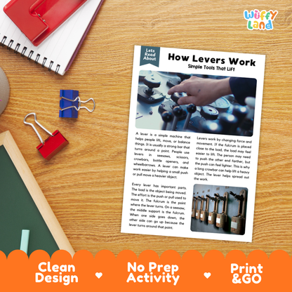 Student reading comprehension worksheet with short-answer questions and lined sections about how levers work