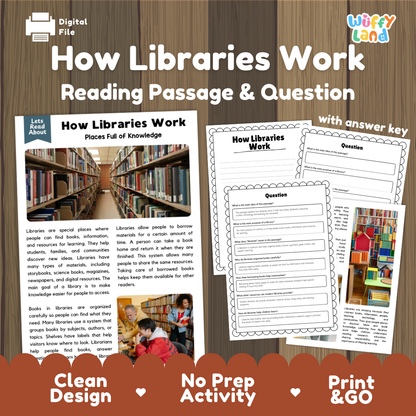 How Libraries Work reading comprehension passage and questions activity pack with full answer key for students
