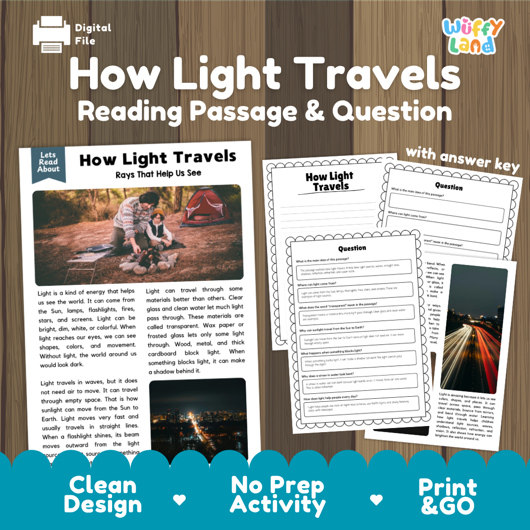 How light travels reading comprehension passage and questions printable activity pack with answer key for elementary students