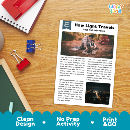 Student reading comprehension worksheet with short-answer questions and lined sections about how light travels