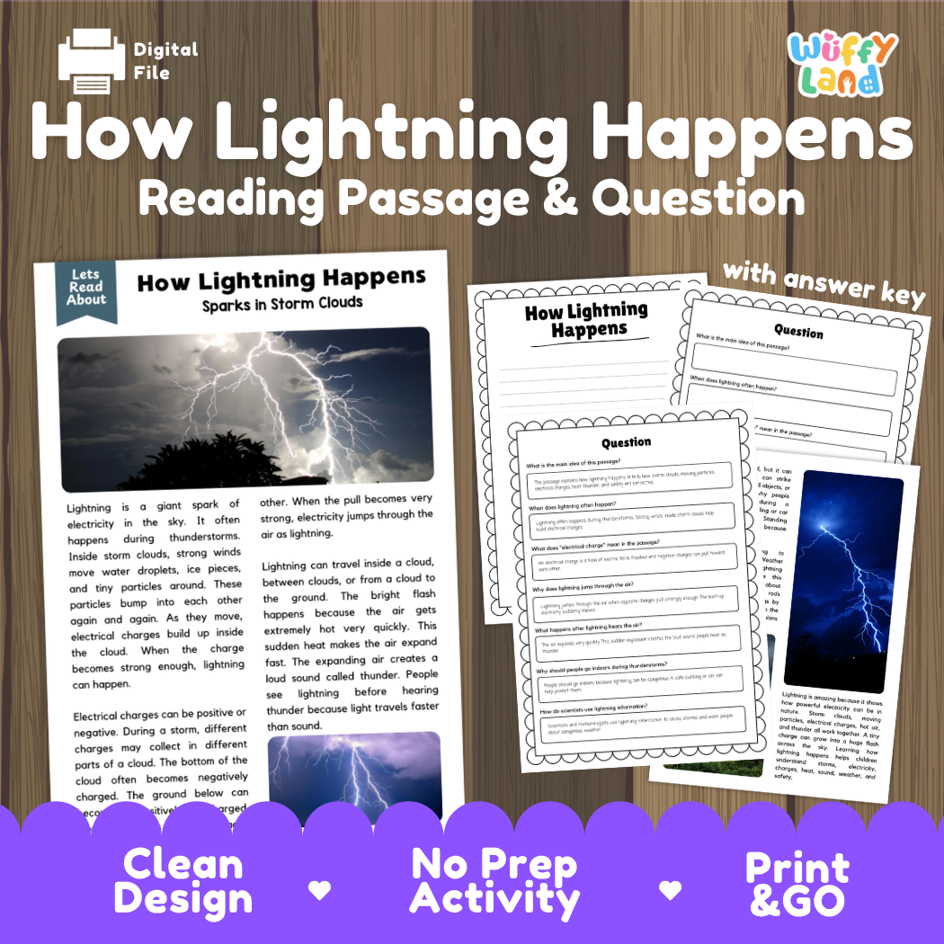How lightning happens reading comprehension passage and questions printable activity pack with answer key for elementary students