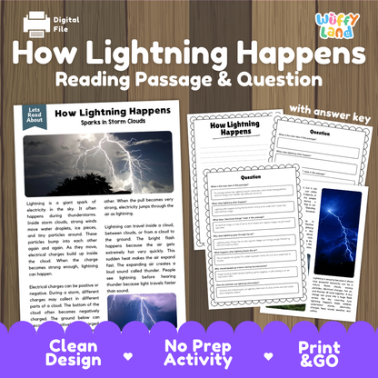 How lightning happens reading comprehension passage and questions printable activity pack with answer key for elementary students