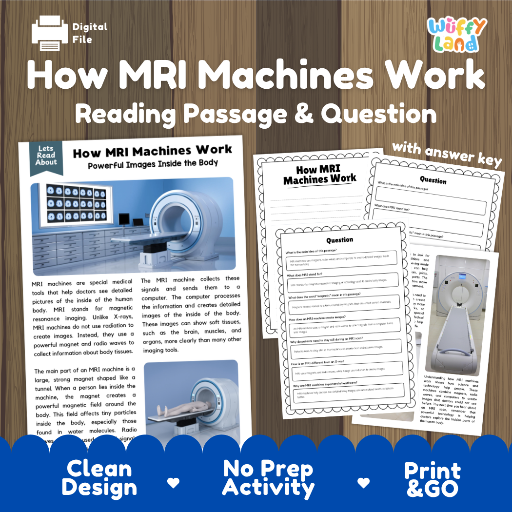 How MRI Machines Work reading comprehension passage and questions activity pack with full answer key for students