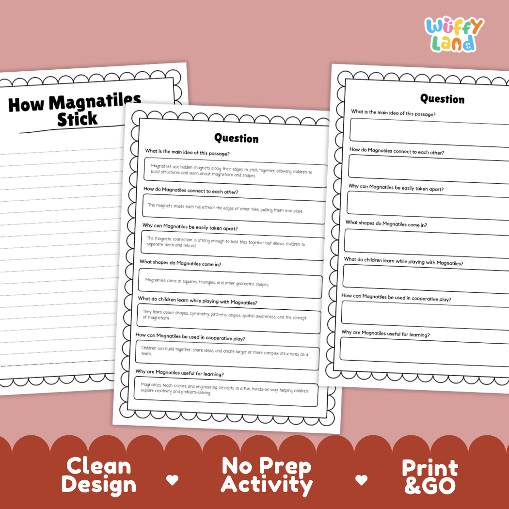 Educational reading passage explaining magnetism, edge attraction, STEM building, and how Magnatiles stick