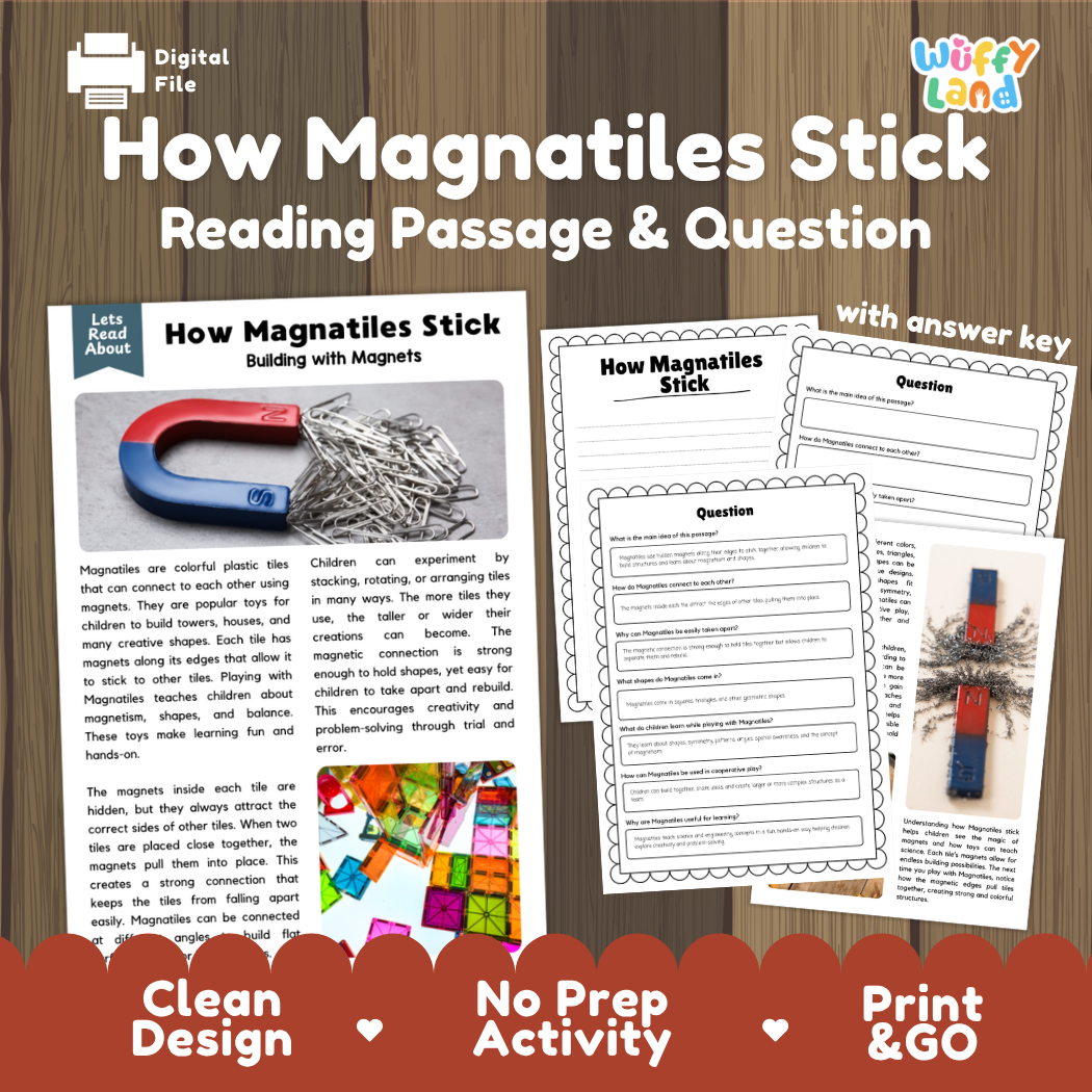 How Magnatiles Stick reading comprehension passage and questions activity pack with full answer key for students