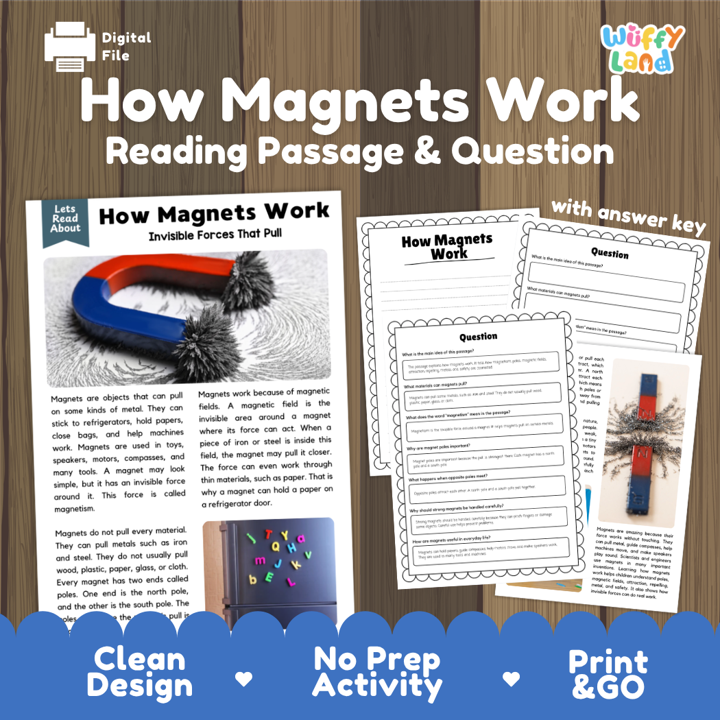How magnets work reading comprehension passage and questions printable activity pack with answer key for elementary students