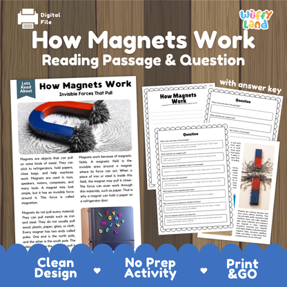 How magnets work reading comprehension passage and questions printable activity pack with answer key for elementary students