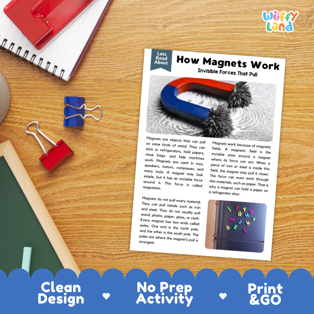 Student reading comprehension worksheet with short-answer questions and lined sections about how magnets work