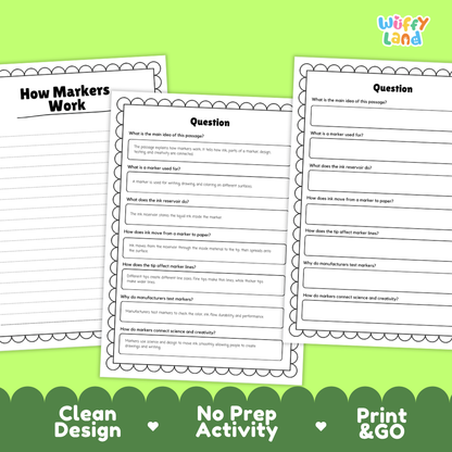 Educational reading passage explaining ink reservoirs, nibs, capillary action, and how markers work