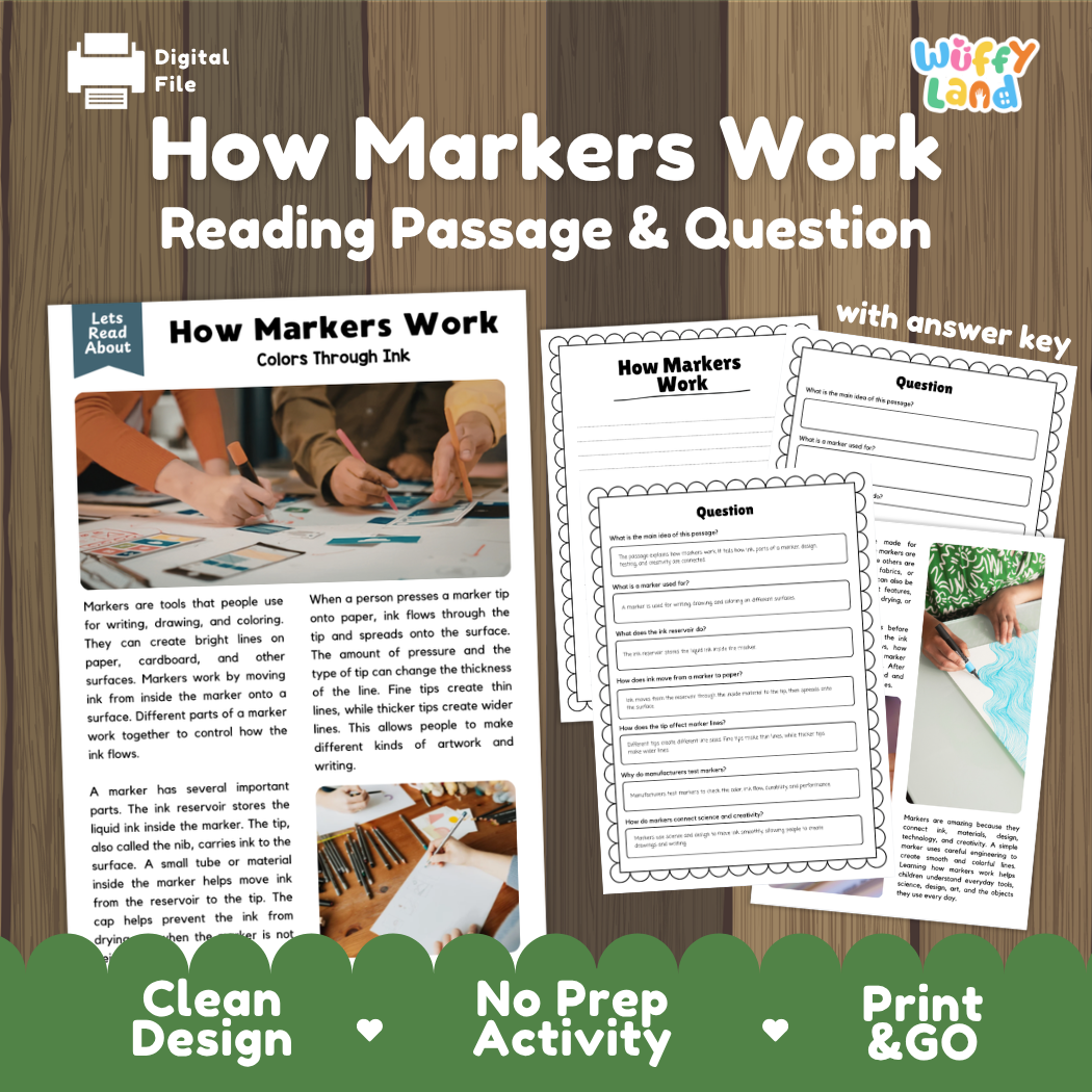How Markers Work reading comprehension passage and questions activity pack with full answer key for students